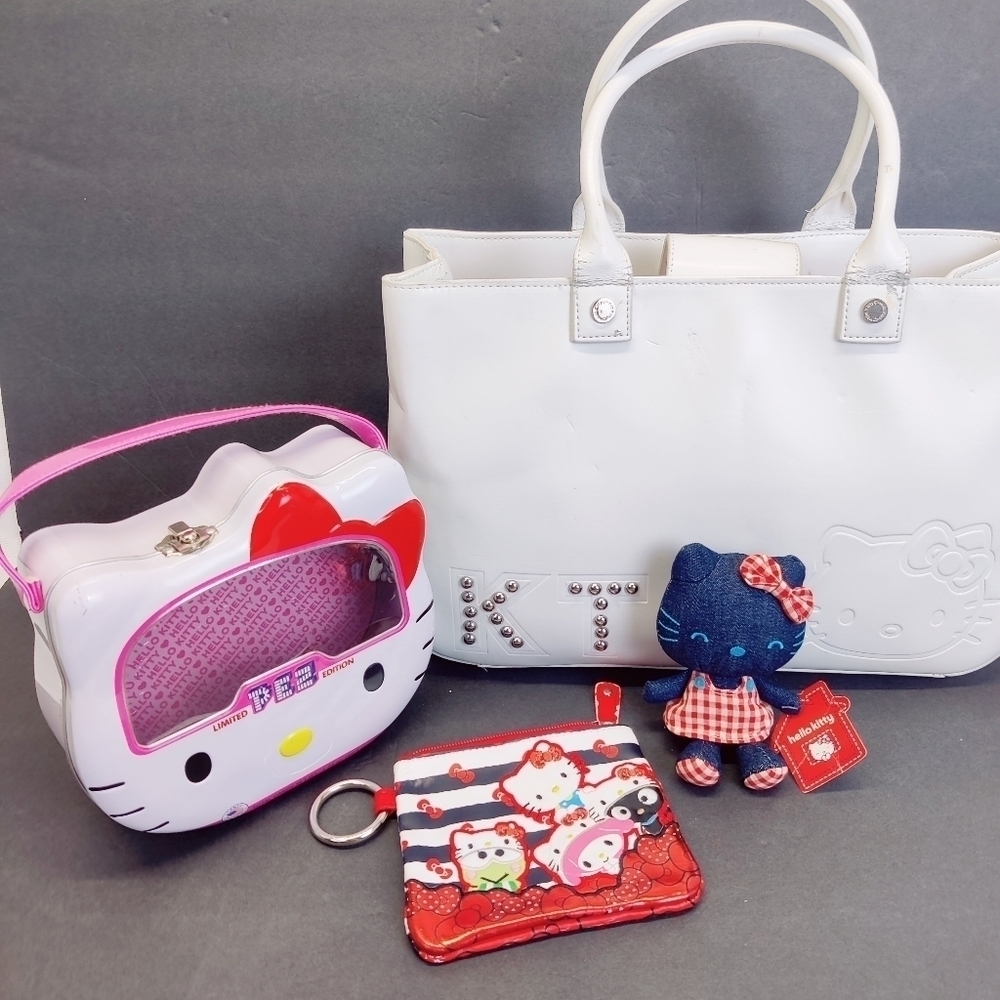 Y2K Hello Kitty Doll Denim & Gingham + Free Collection: Purse, PEZ Box, Coin Bag